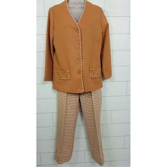 Vintage 1960s Jacket Pants Set Small Brown White - Picture 5 of 8